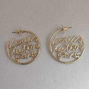 Paris Gold Script LV Logo Hoop Earrings